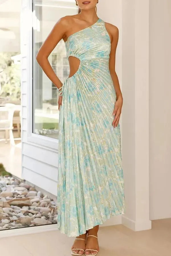 Stunning One - Shoulder Pleated Cut - Out Dress