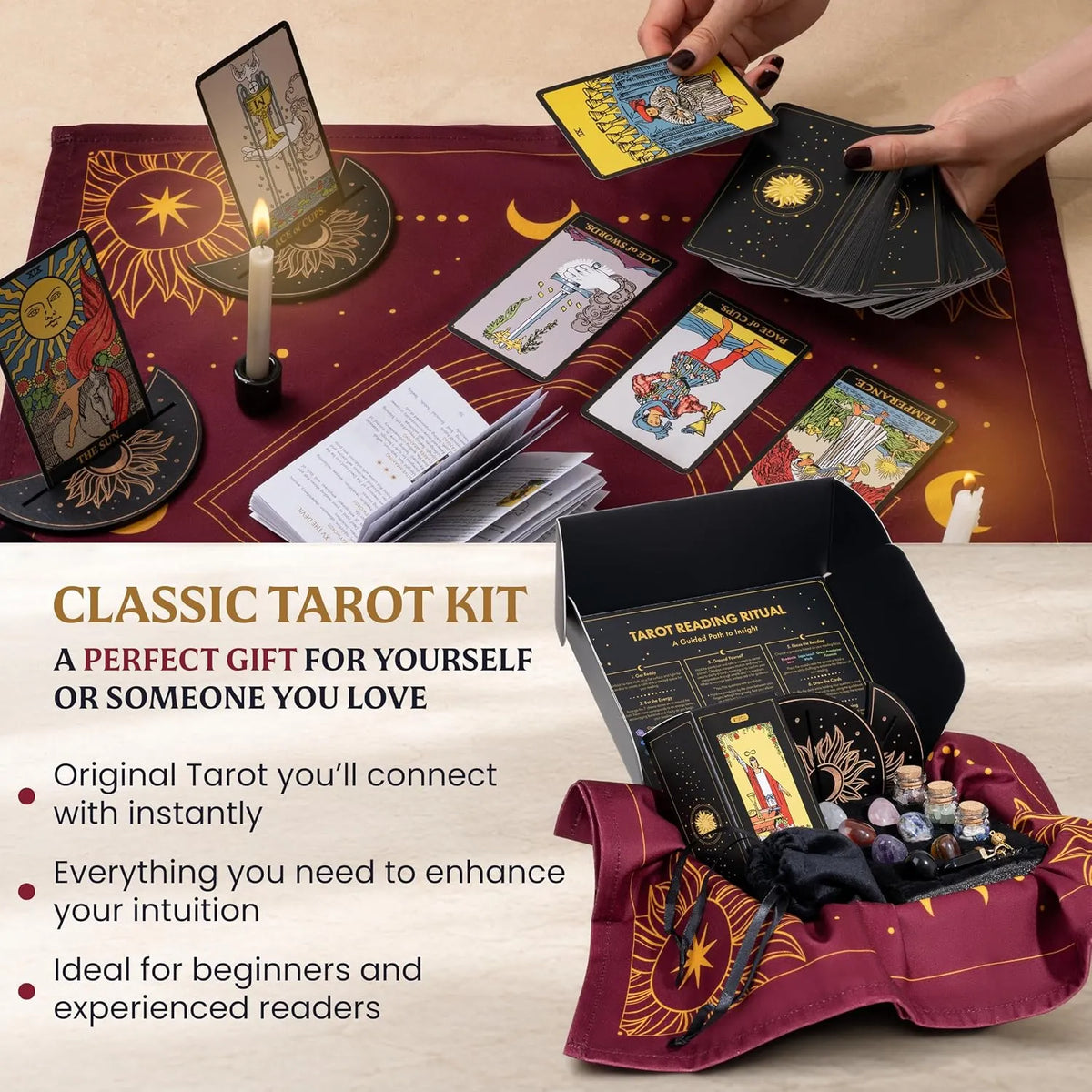 🔮ALL-IN-ONE CLASSIC TAROT KIT – Complete Beginner Set with Guidebook & Crystals  🌟