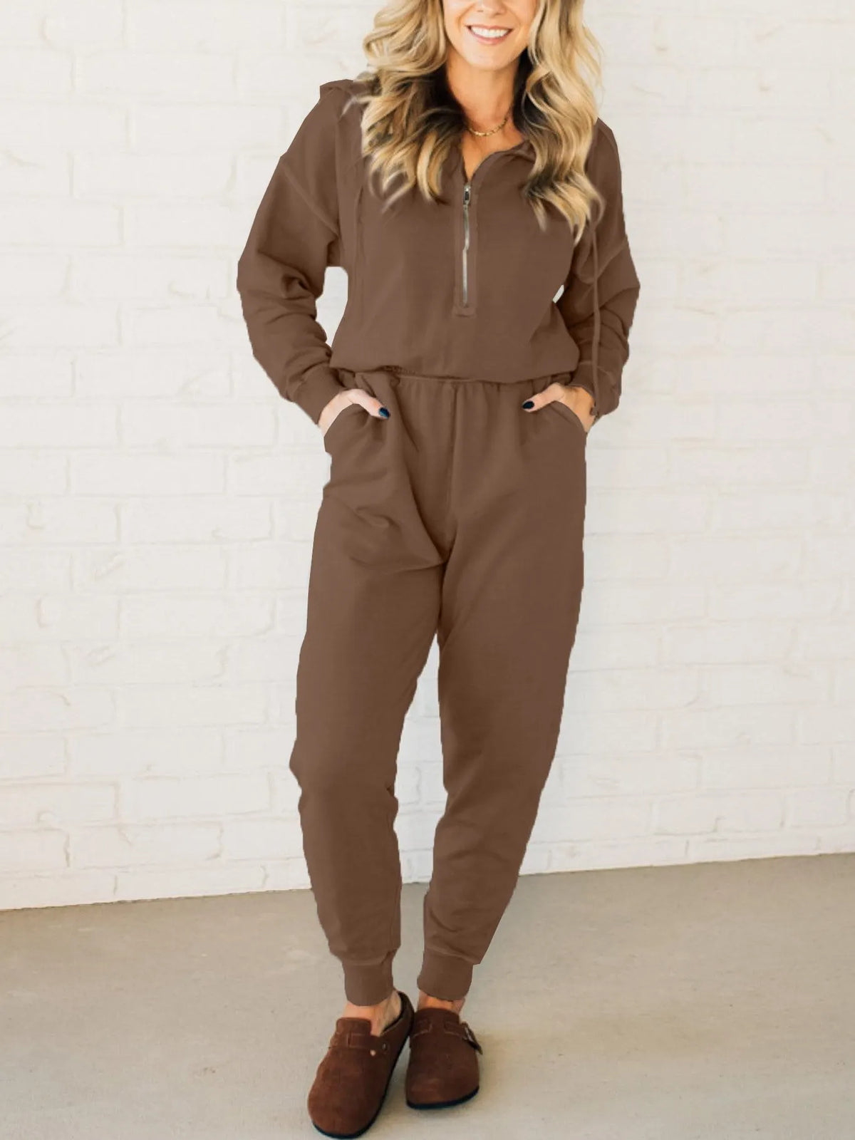 French Terry Drawstring Hooded Jumpsuit (Buy 2 Free Shipping)