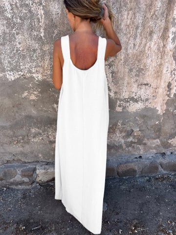💕 Solid color dress for women with floral strap and U-neckline