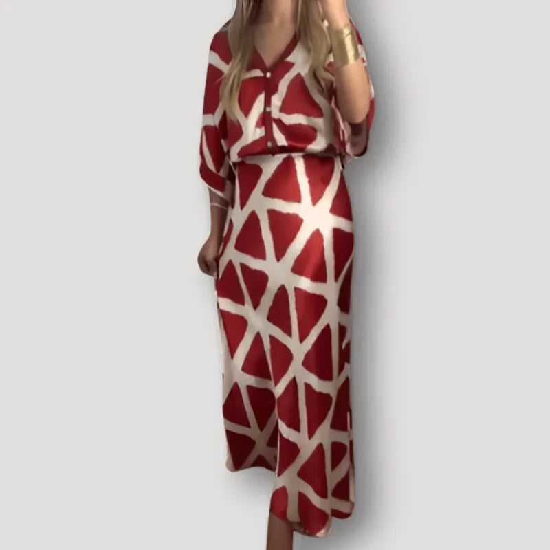 HARLEN SATIN UNIQUE PRINTED LOOSE SHIRT TOP AND ELASTIC WAIST MAXI SKIRT SET