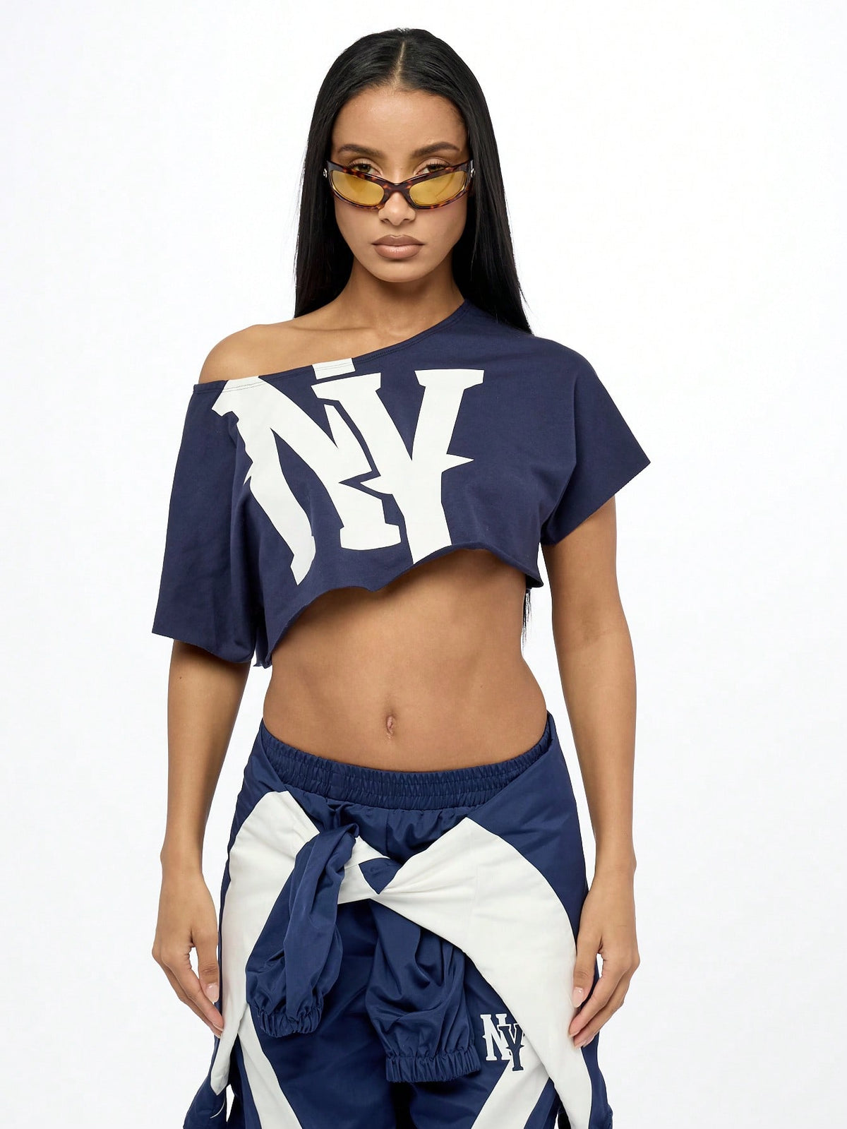 WOMEN Off Shoulder NY Logo Slouchy Crop Tee Athletic Varsity Sports Fan Streetwear Workout Fashion Athleisure Cropped T-Shirt Summer Urban Style
