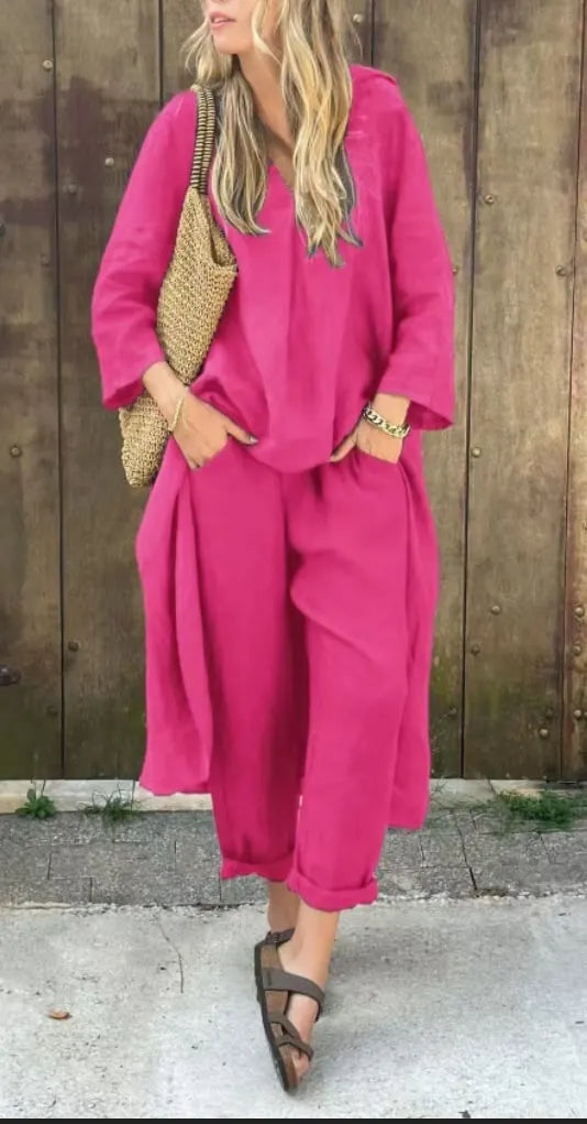 Solid High Low Hem Top & Pants Two-Piece Set