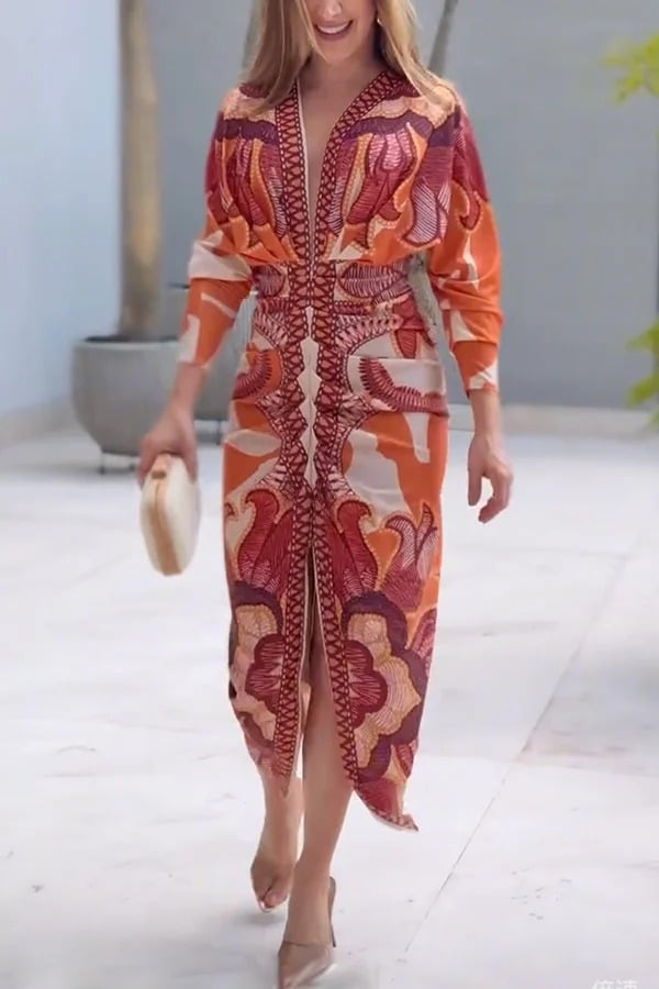Unique Print Dolman Long Sleeve Ruched Slit Midi Dress Vestidos