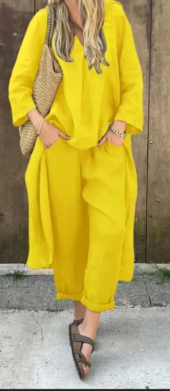 Solid High Low Hem Top & Pants Two-Piece Set