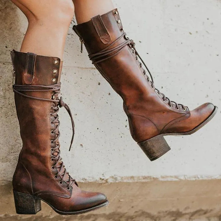 Women Round Toe Chunky Platform Medium Heel Long Lace Up Boots
