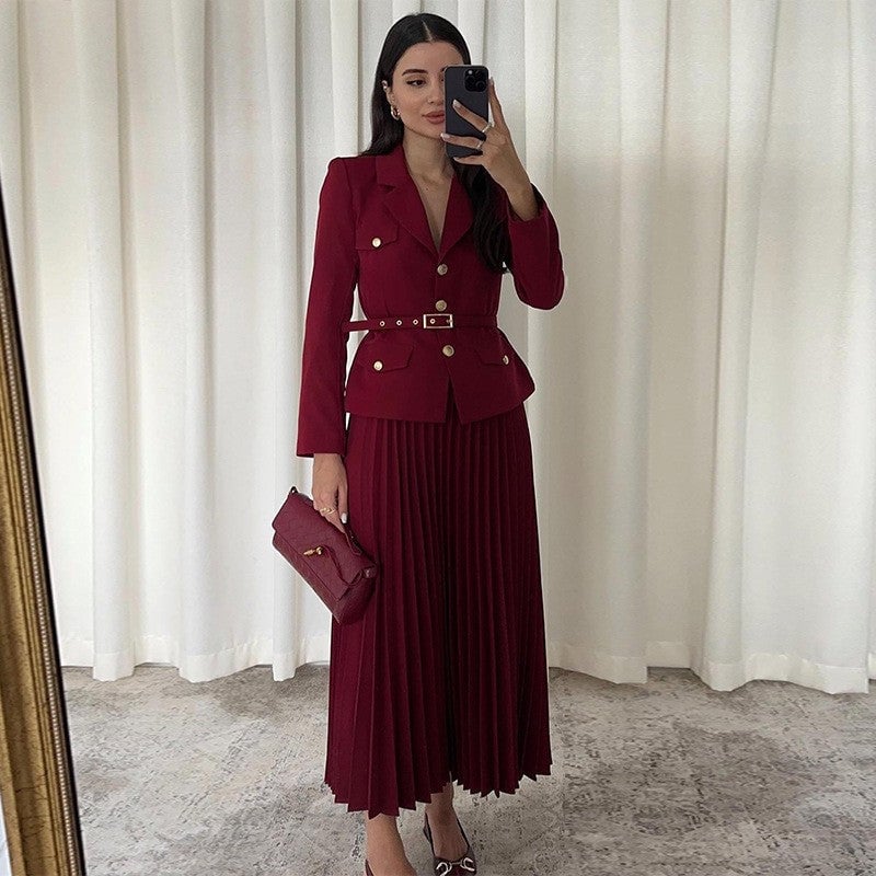 🔥Hot sale🔥Women's Blazer with Lapels and Maxi Pleated Skirt, 2-Piece Set with Matching Belt(🚛Free shipping)