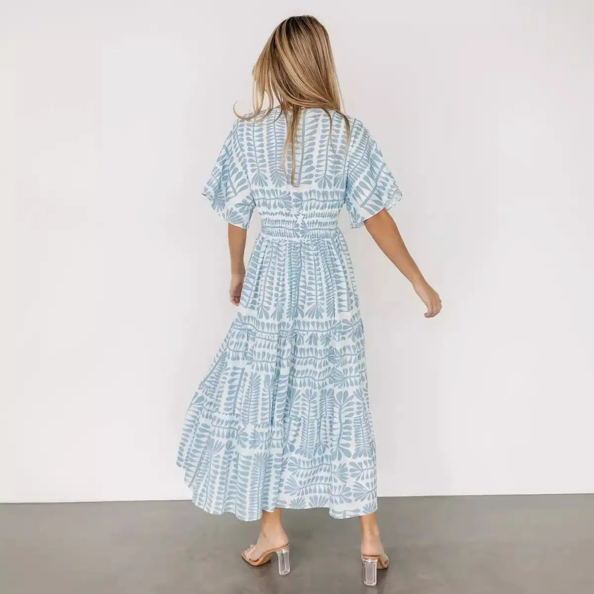 Bohemian Chic: New High-Waisted Short Sleeve Floral Dress(BUY 2 FREE SHIPPING)