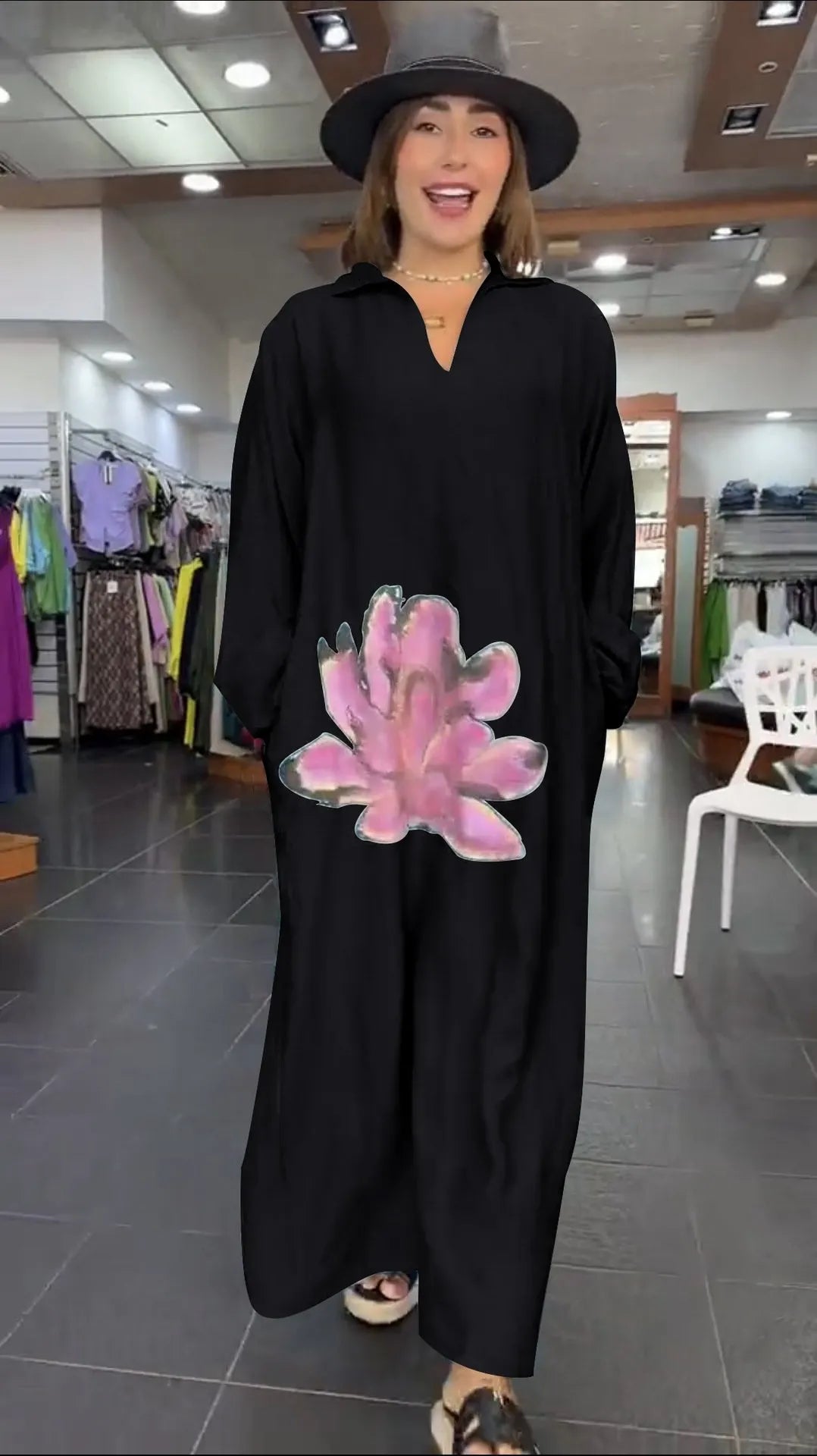 Loose Floral V-Neck Long-Sleeved Dress