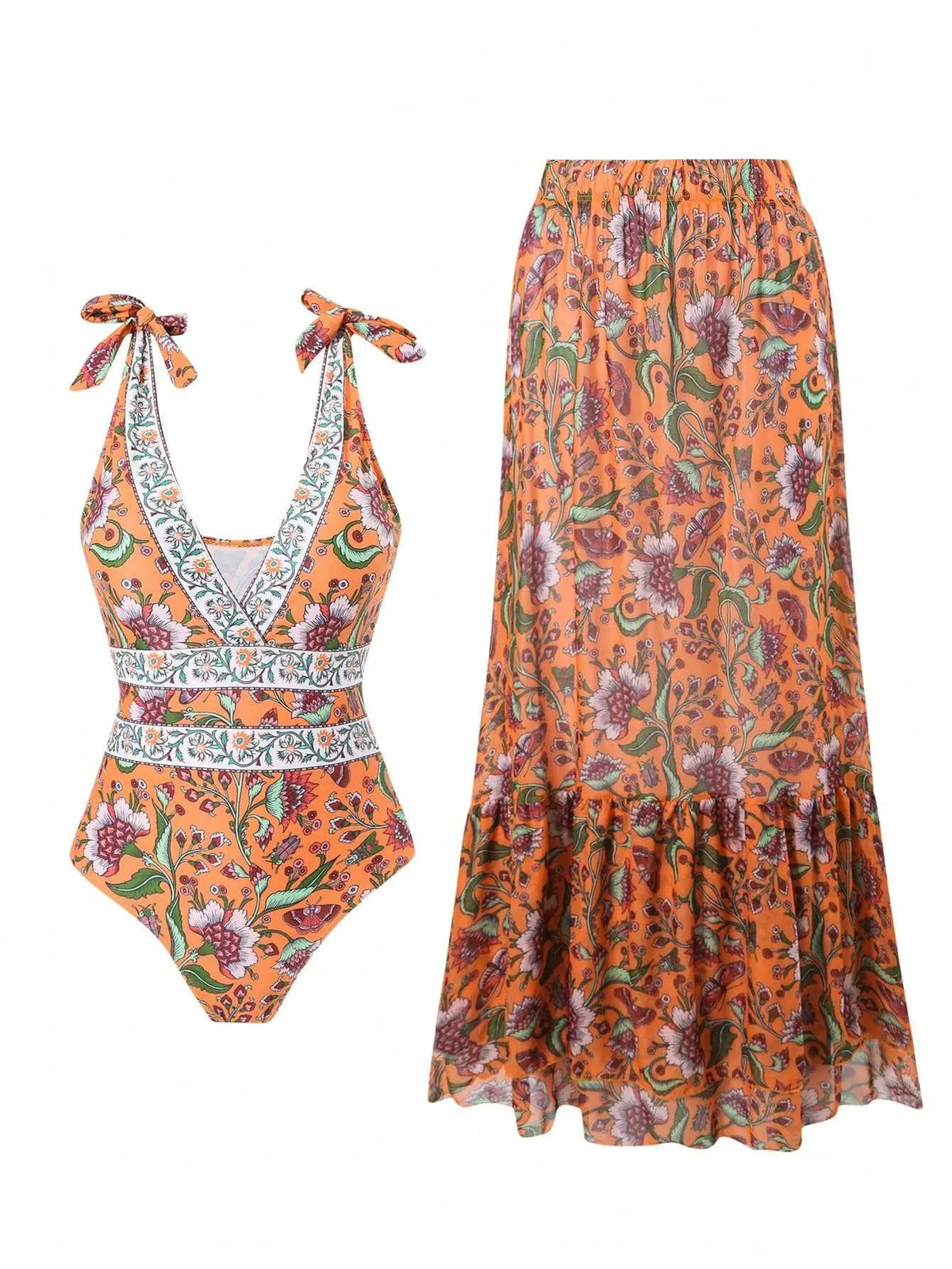 🩱V-neck One-Piece Swimsuit with Lace-up, Print, and Skirt💃