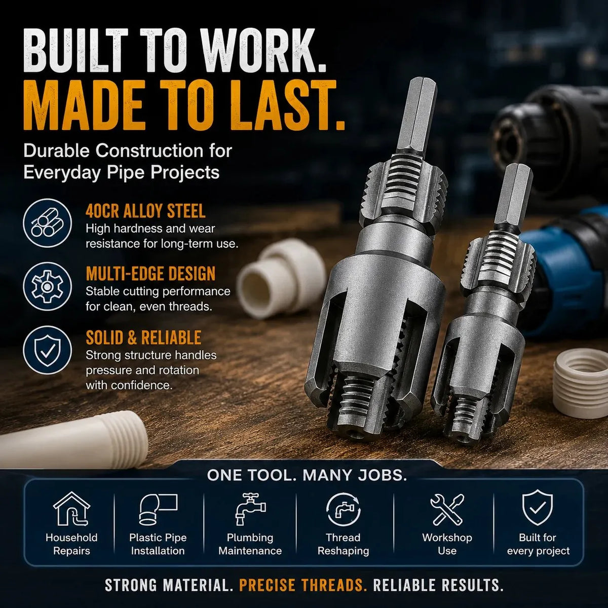🎉Drill-Powered Pipe Thread Cutting Bit — Internal & External Threading for 1/2" & 3/4" Plastic Pipes