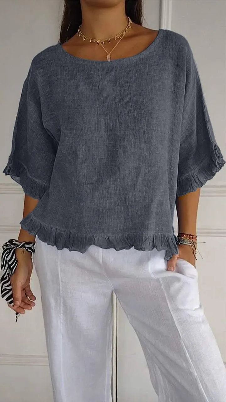 Round Neck Ruffled Hem Mid-sleeve Cotton and Linen Top (Buy 2 Free Shipping)