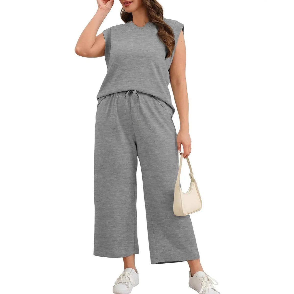 Women's Cap Sleeve Round Neck Lounge Set with Wide Leg Crop Pants