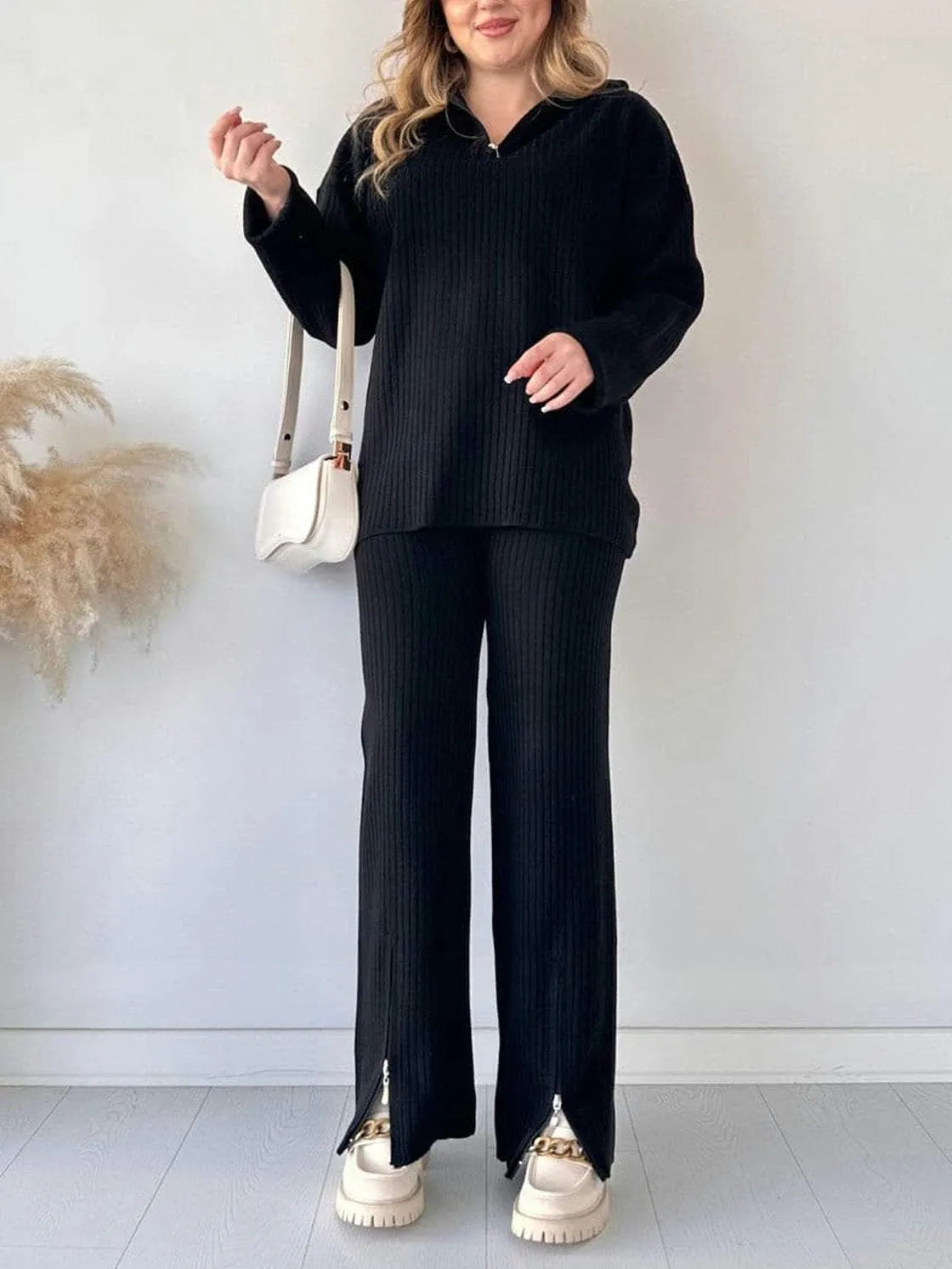 Zipper High-Neck Ribbed Two-Piece loungewear Set