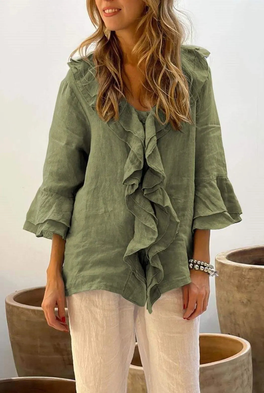 Hot Sale🔥Women Summer Ruffle Design Casual Linen Cotton Shirt