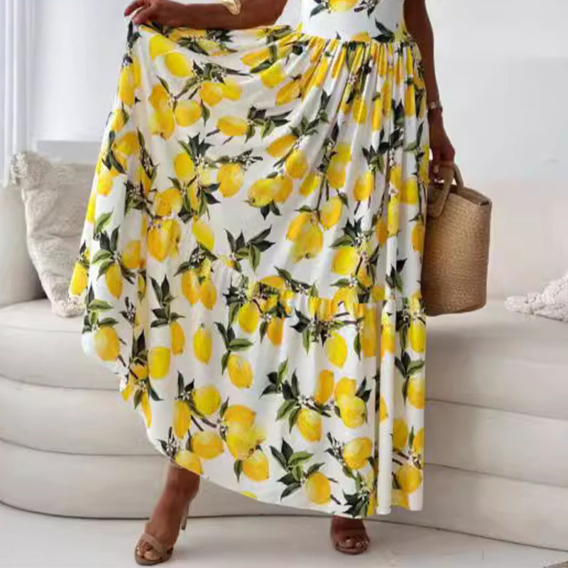 💕50% OFF🍋Elegant long spaghetti strap lemon print dress for women