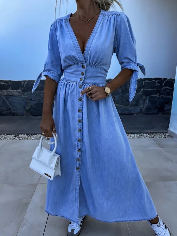 V-Neck Short Sleeve Loose Denim Long Button-Up Dress