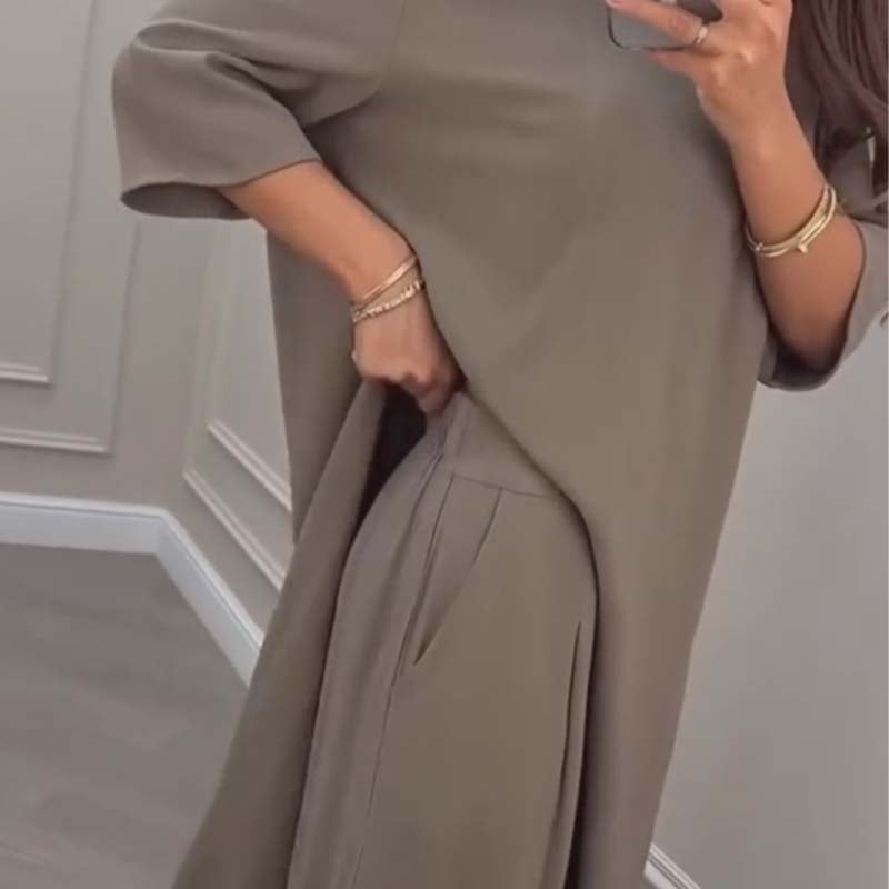 💃Limited Sale 49% OFF💕Solid Color Asymmetrical Top & Wide-Leg Pants 2-Piece Set