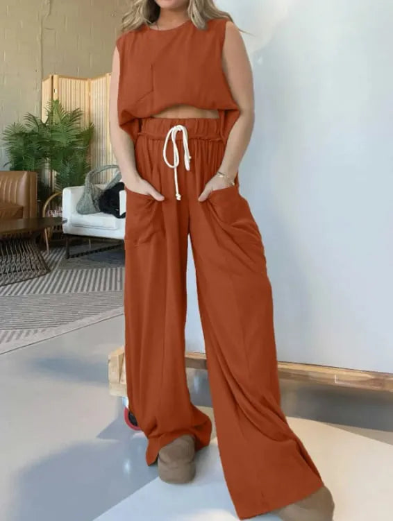 Comfort Tank Top and Elastic Waist Wide Leg Pocket Pants Set