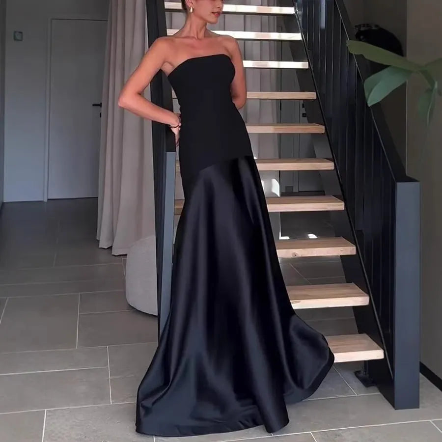 Timeless Elegance Satin Patchwork Strapless Flare Gown Maxi Dress