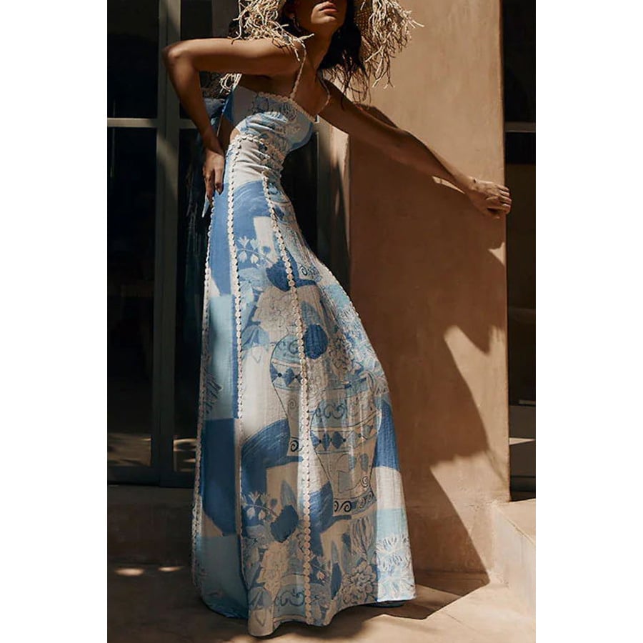 Printed tie-back flared linen maxi skirt