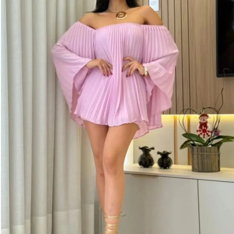 Casual Off-Shoulder Pleated Top and Shorts Set