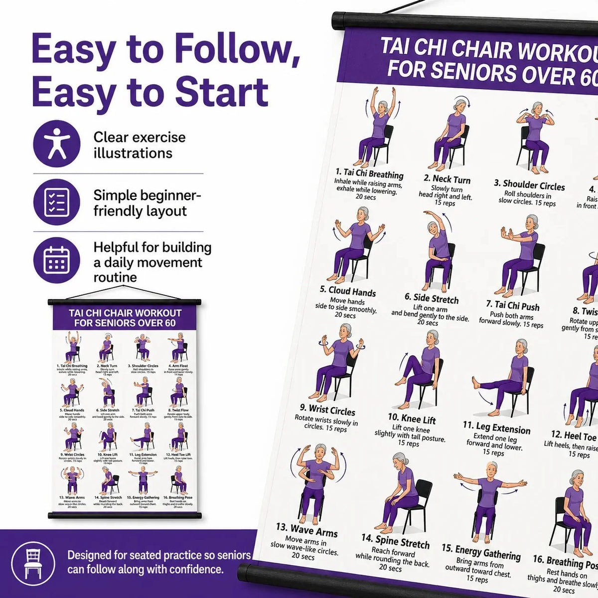 🎉🔥Tai Chi Chair Workout Chart for Seniors (16 x 24 inches)
