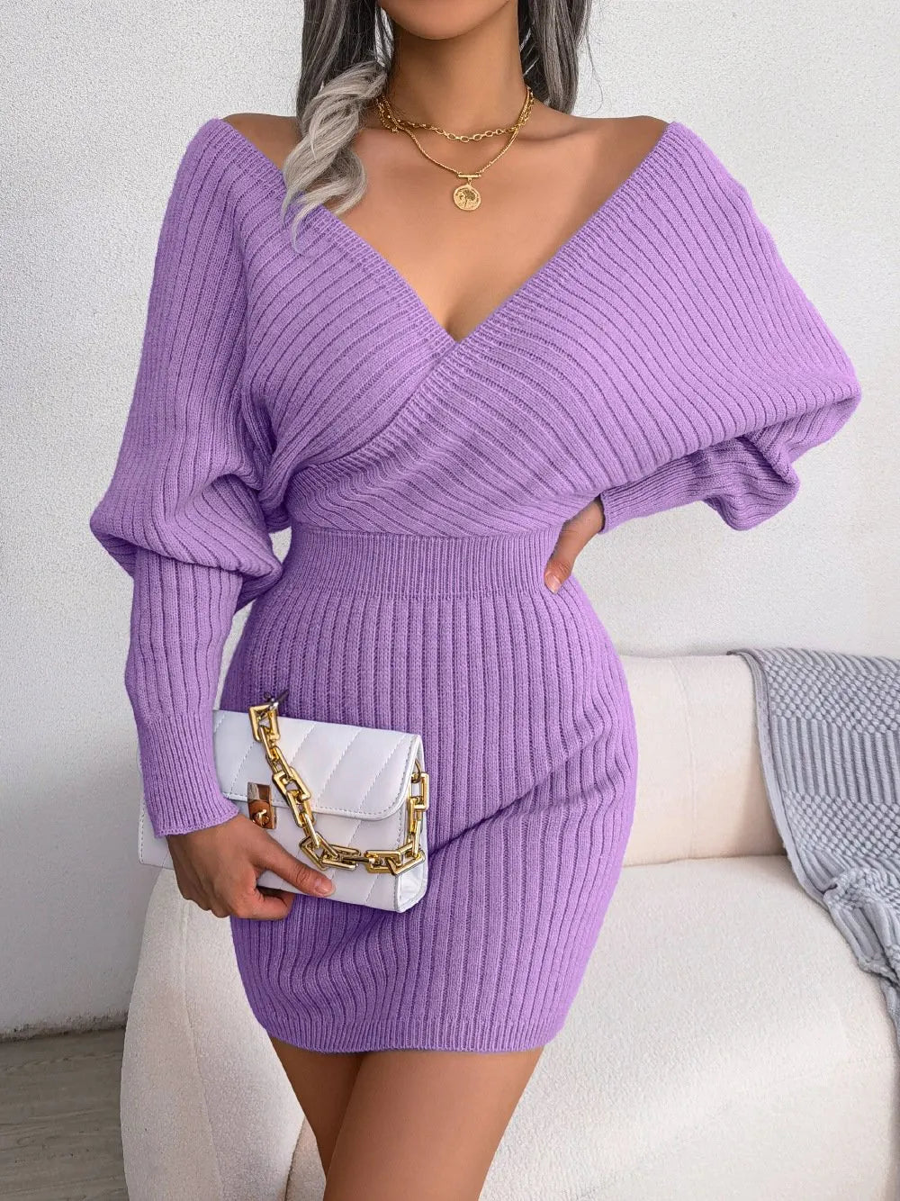 Sexy Knit Mini Dress with Long Batwing Sleeves