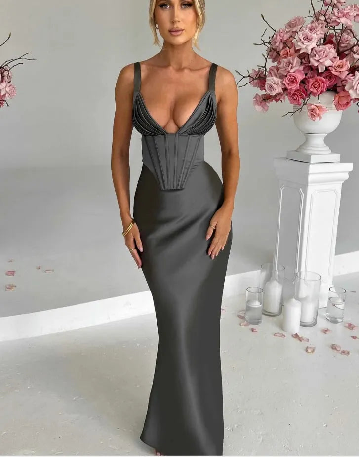 V-Neck Fishbone Satin Slip MAXI Dress