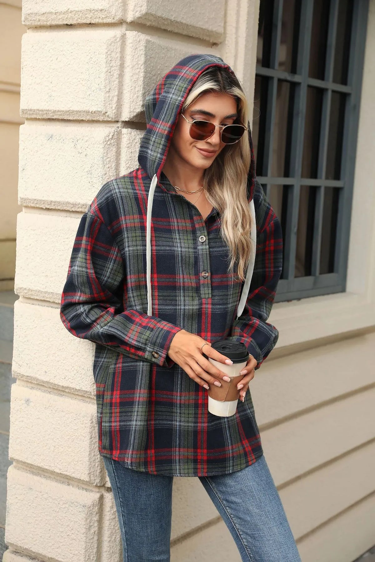Women Autumn Winter Loose Long Sleeve Hooded Button Plaid Coat