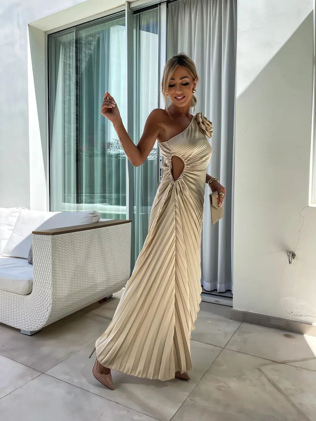 Romantic Nights Satin Raised Flower Elastic Cutout One Shoulder Pleated Maxi Dress