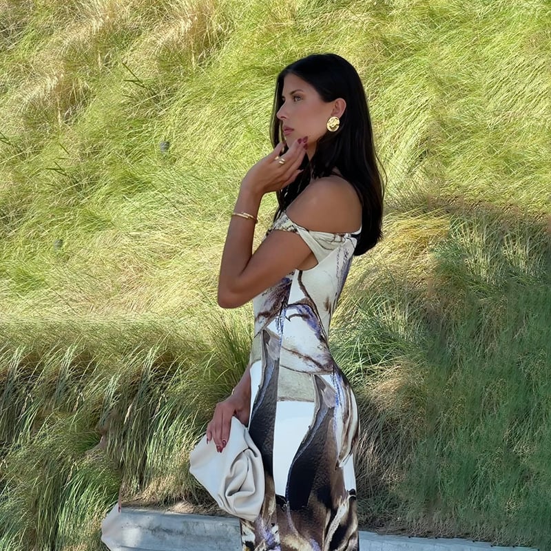 Elegant Off-Shoulder Slim Print Dress
