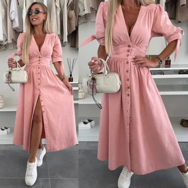 V-Neck Short Sleeve Loose Denim Long Button-Up Dress