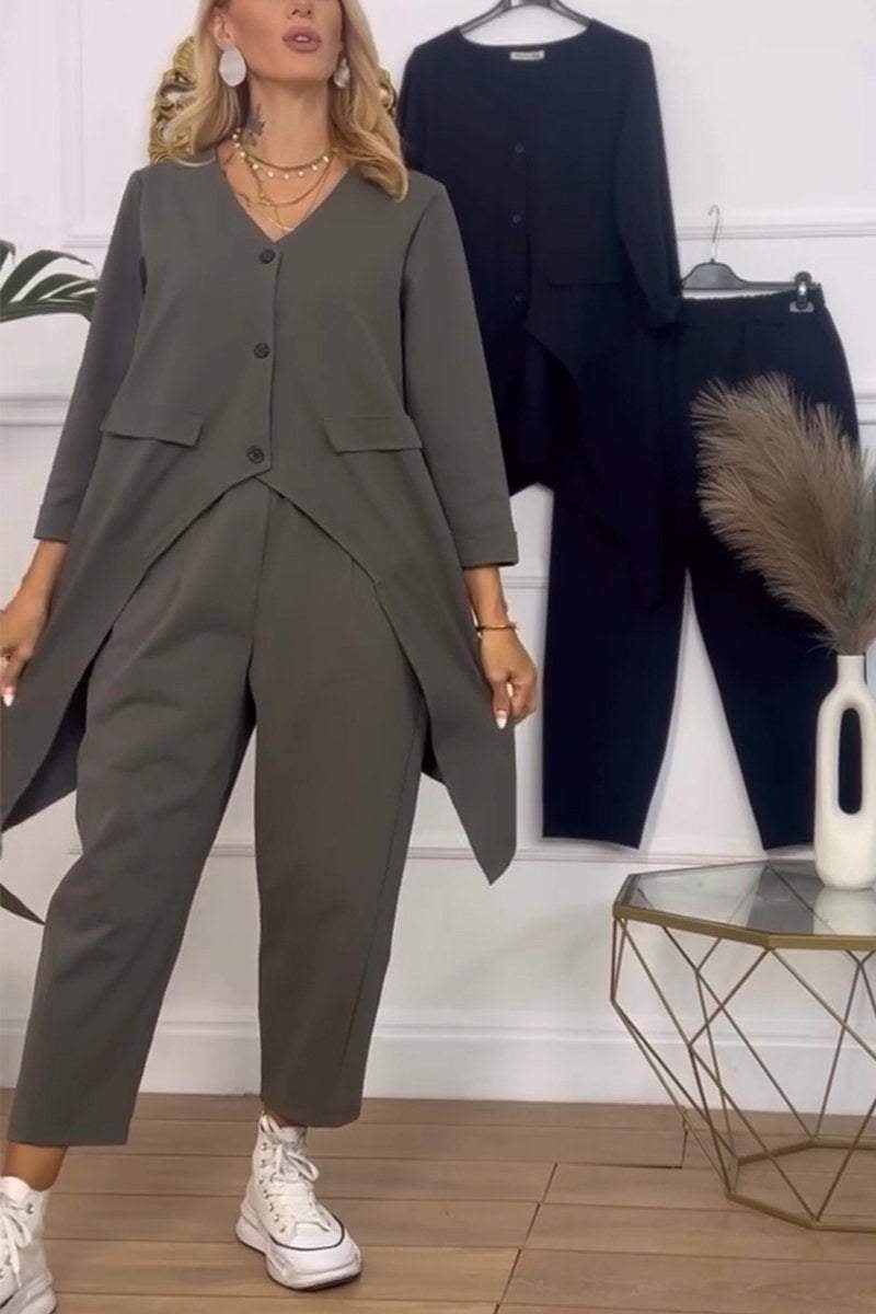 Casual V-neck Irregular Top & Pants Two-piece Set