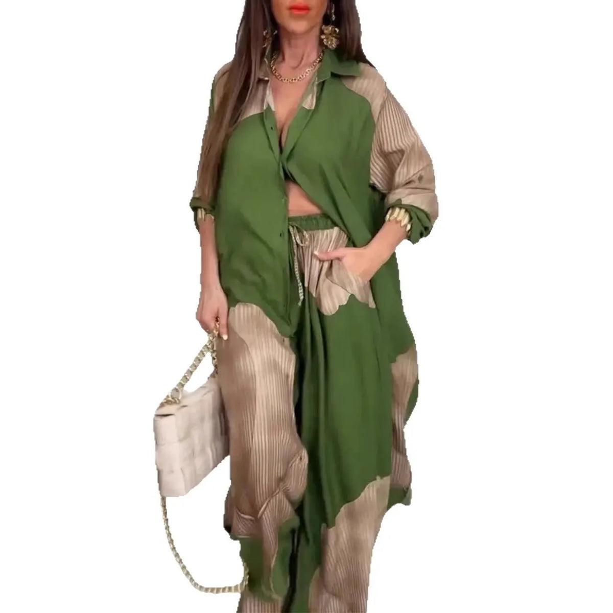 Women's V-Neck Printed Top & Pants Casual Set