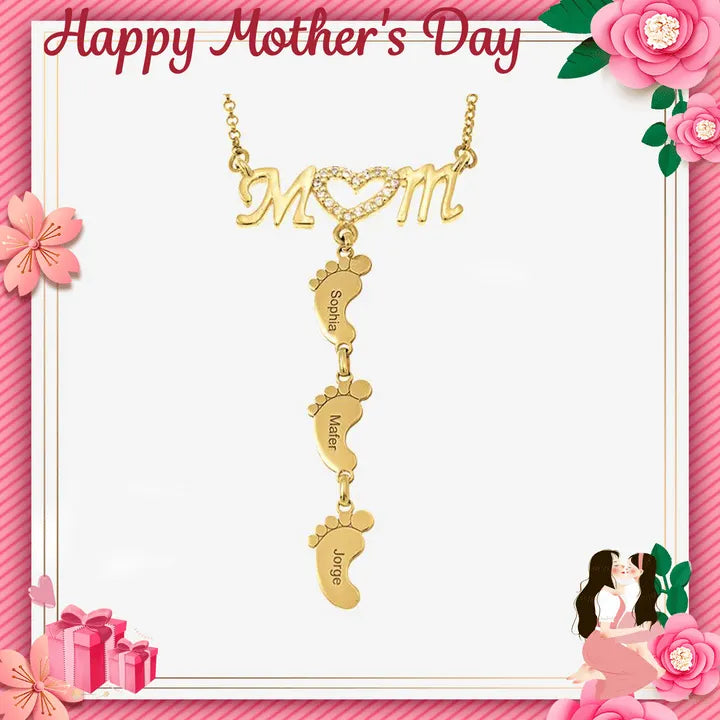 Mother's Day Gift Personalised Heart Crystal Mom Necklace With Baby Feet