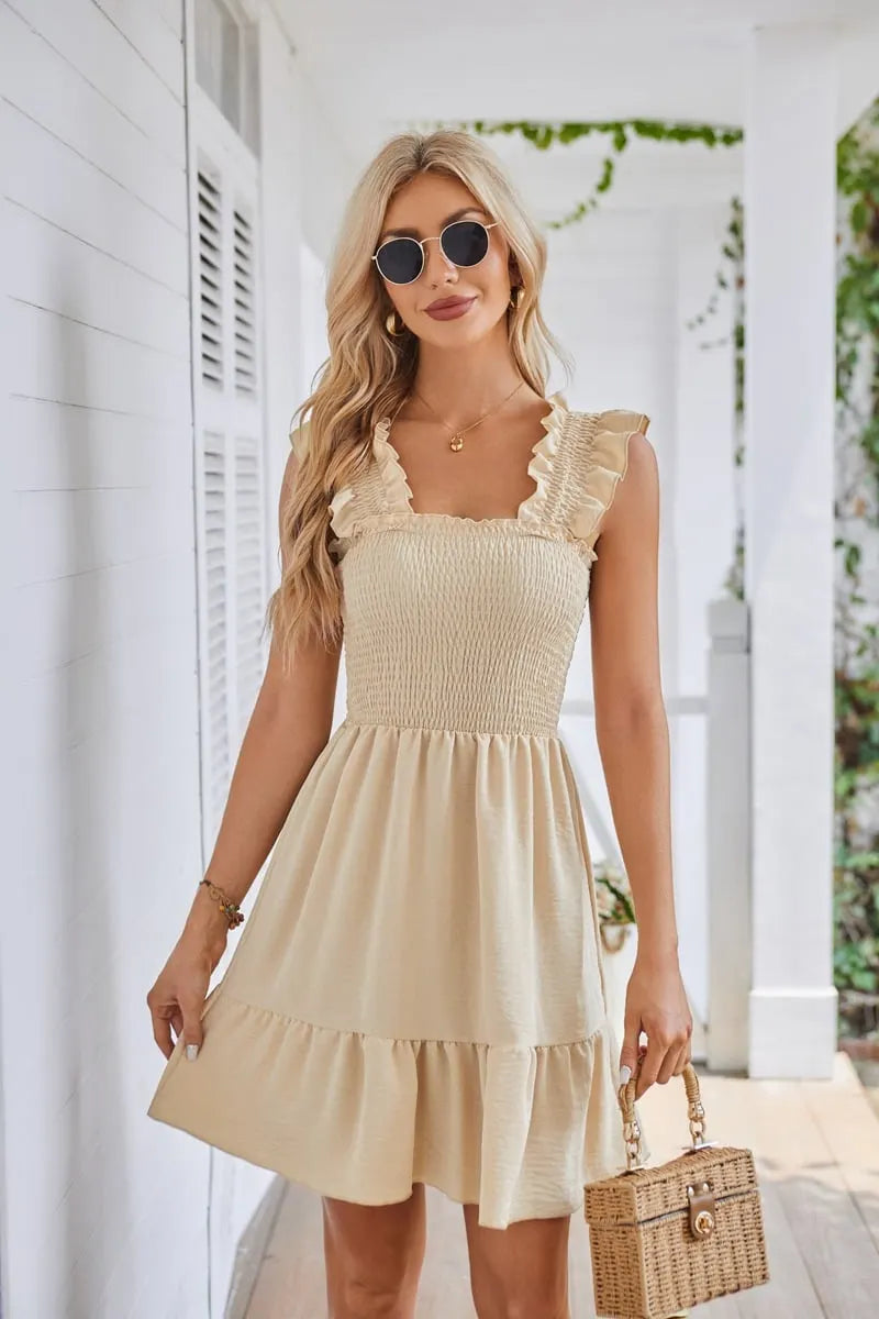 Summer Casual Sleeveless Square Neck Smocked Ruffle Backless Beach Dress
