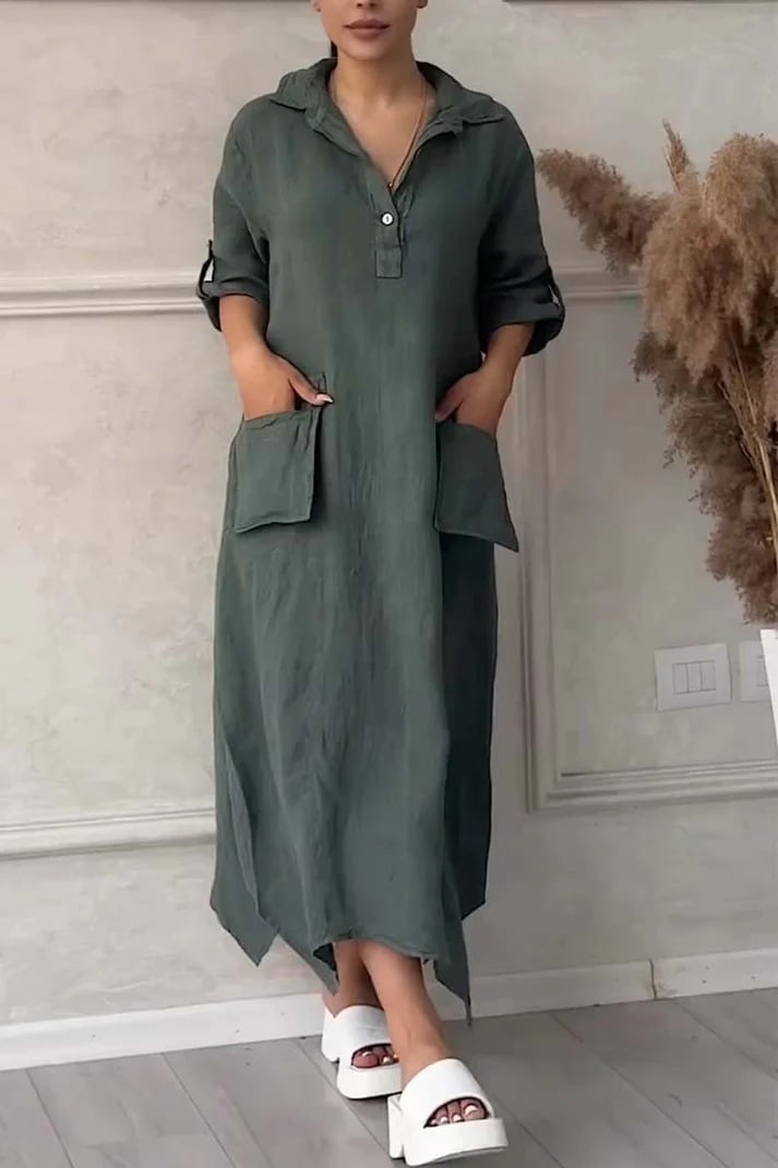 Women's Cotton Linen Casual Lapel Pockets Long Dress (Buy 2 Free Shipping)