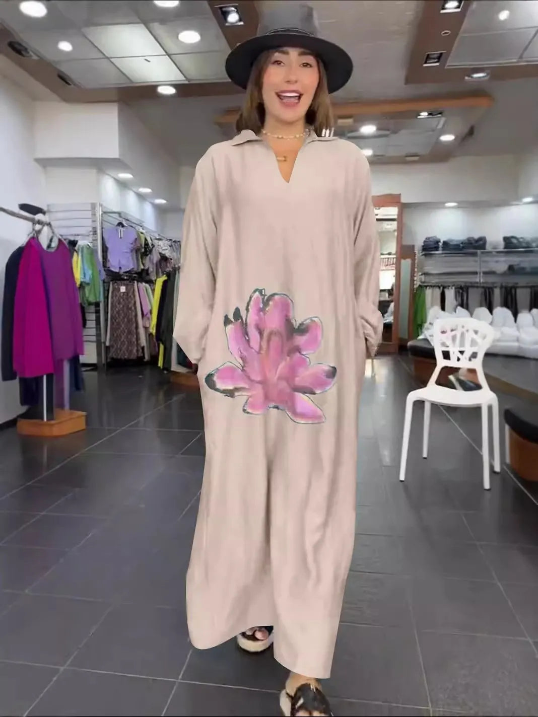 Loose Floral V-Neck Long-Sleeved Dress