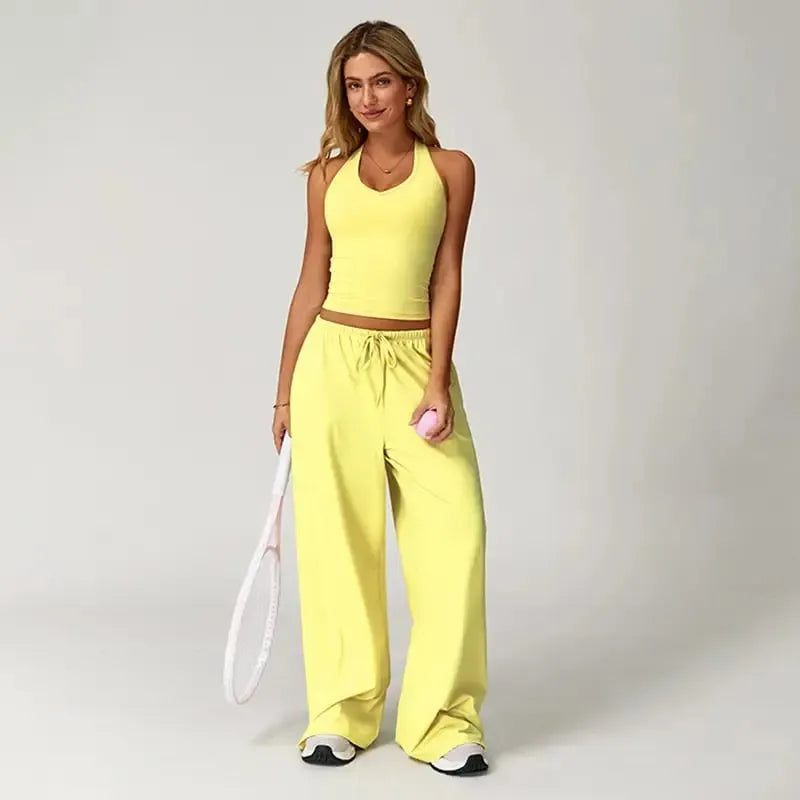 💖Hot 50% OFF✨ Women’s 2-Piece Silk-Like Lounge Set – V-Neck Strappy Top & Wide Leg Pants