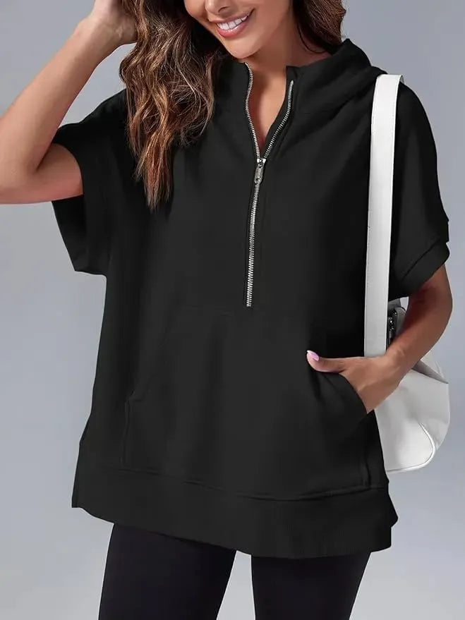 Oversized Casual Half Zip Short Sleeve Pullover Tops with Pockets (Buy 2 Free Shipping)