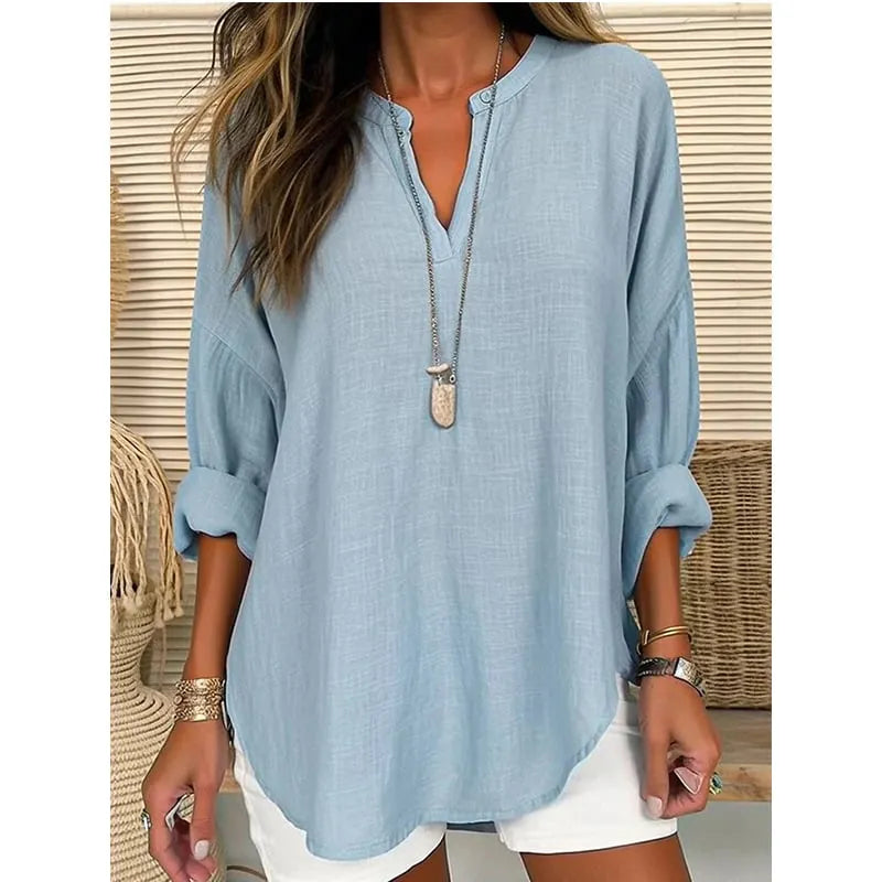 Women's V-Neck Long Sleeve Loose Fit Breathable Linen Top