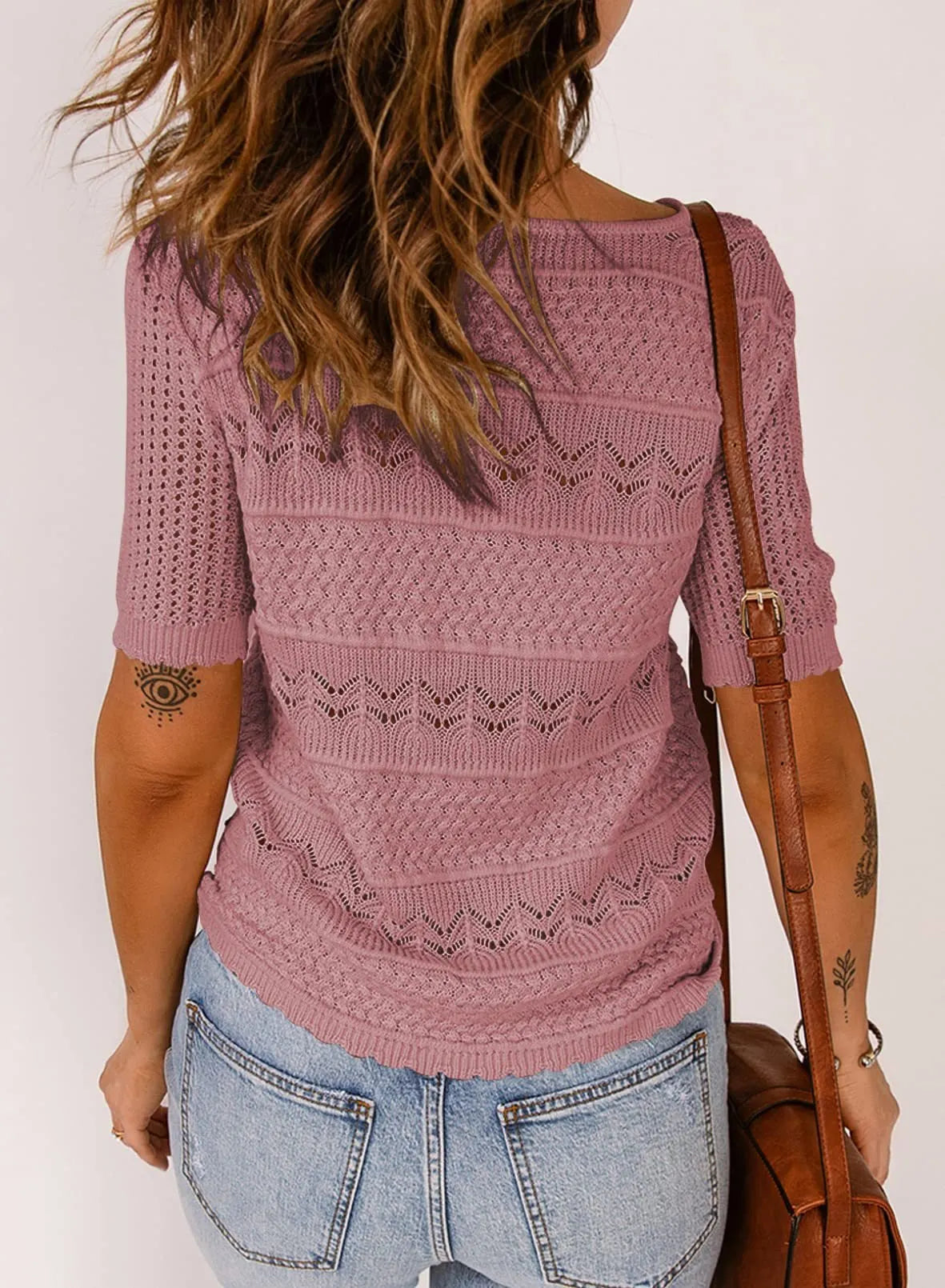 Round Neck Hollow Short Sleeve Knit Crochet Top
