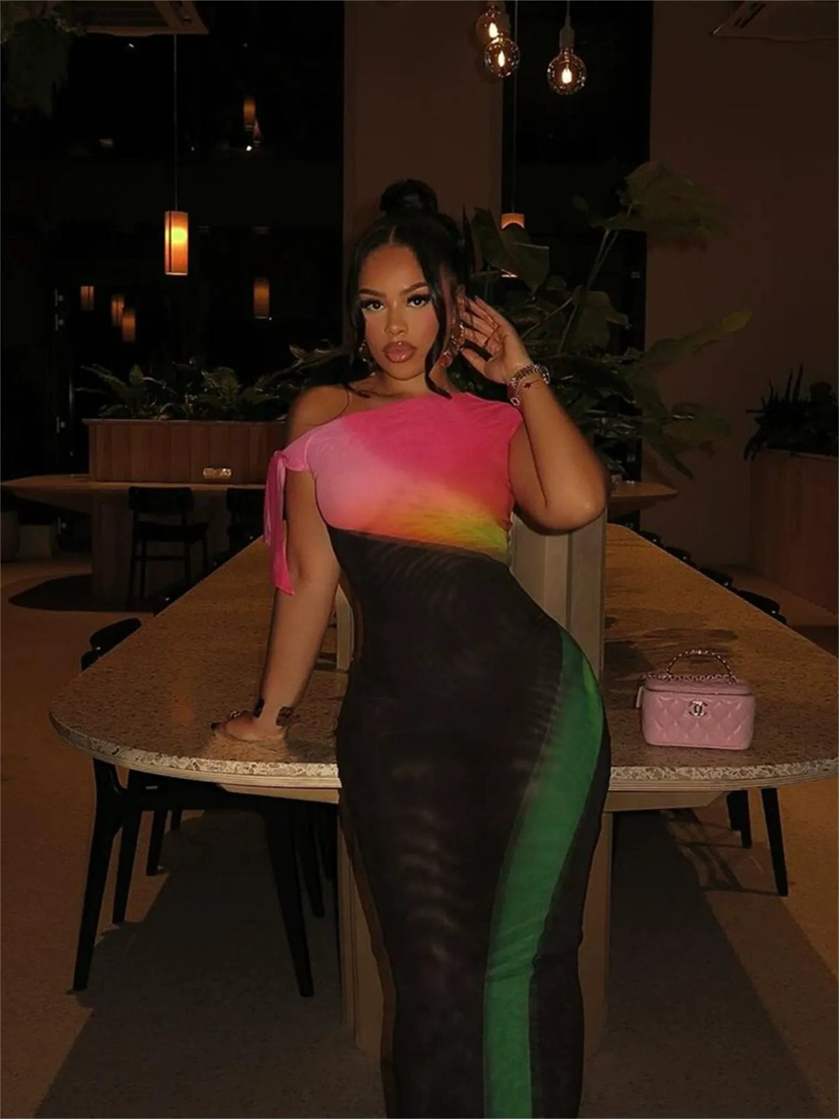 Fashion Stretch Color Block Sexy Skew Neck Dress