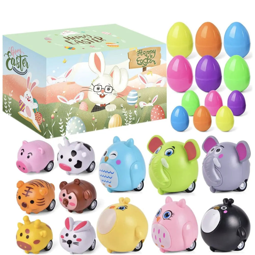 BUY 2 FREE SHIPPING -Easter Eggs Filled With Pull-Back Construction Vehicles, Cute Animals, Dinosaurs, Jewelry pieces and Bunnies