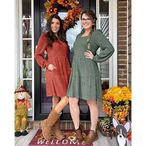 Women's Square Neck Lantern Sleeve Ribbed Dress