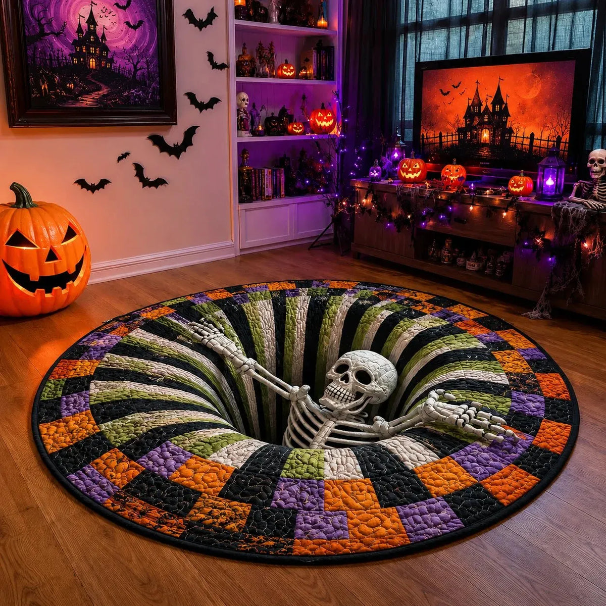 🎉🎃3D Skeleton Vortex Quilted Round Halloween Rug | Spooky Quilted Circular Halloween Floor Decor Mat