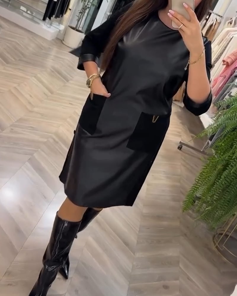 Round Neck Leather Patchwork Back Zipper Mid-Length Dress