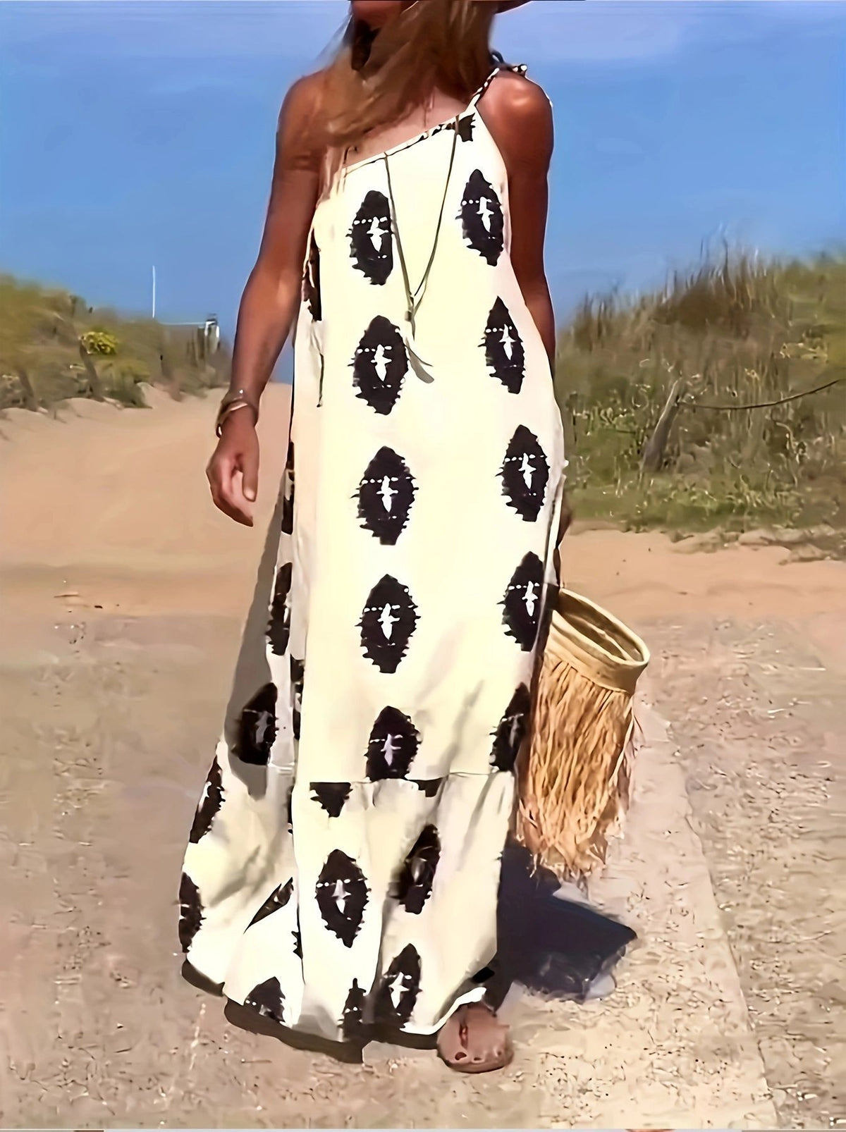 Plenty of Sunshine Ethnic Print One Shoulder Loose Maxi Dress