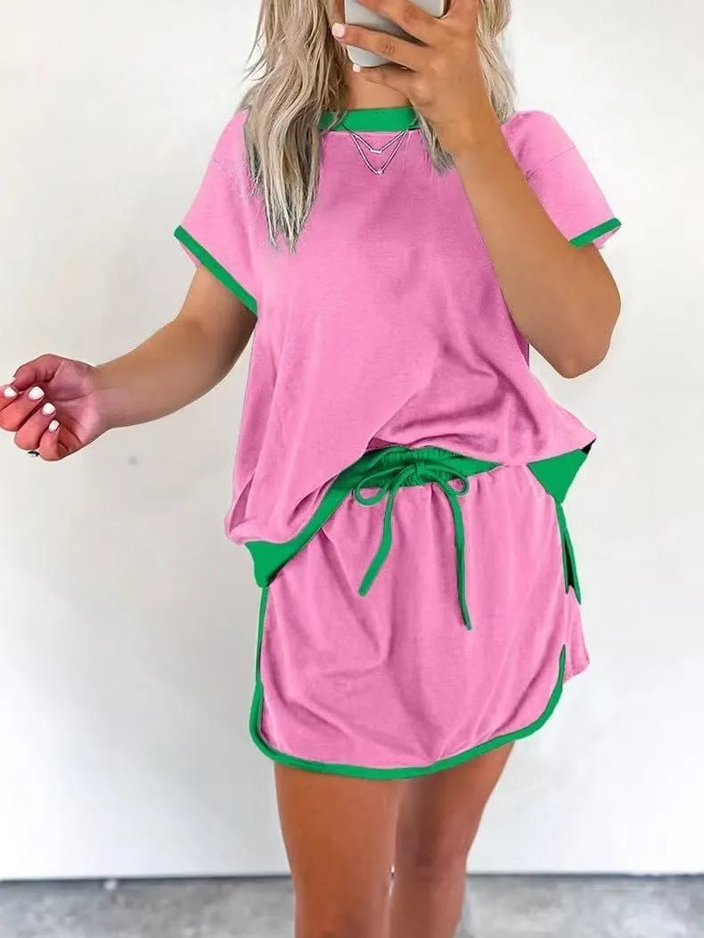 WOMEN'S COLORBLOCK EDGE DROP SHOULDER T-SHIRT SKORT 2PCS SET (BUY 2 FREE SHIPPING)